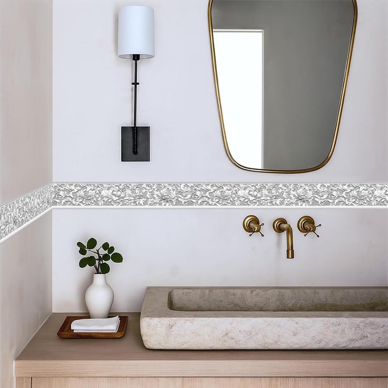 IOHEFY Floral Wallpaper Border 196x4 Inch Vintage Peel and Stick Wall Border Pink Orange Flowers with Green Leaves Removable Vinyl Wall Trim Sticker for Kitchen Bathroom Living Room Bedroom Home Decor - Image 3